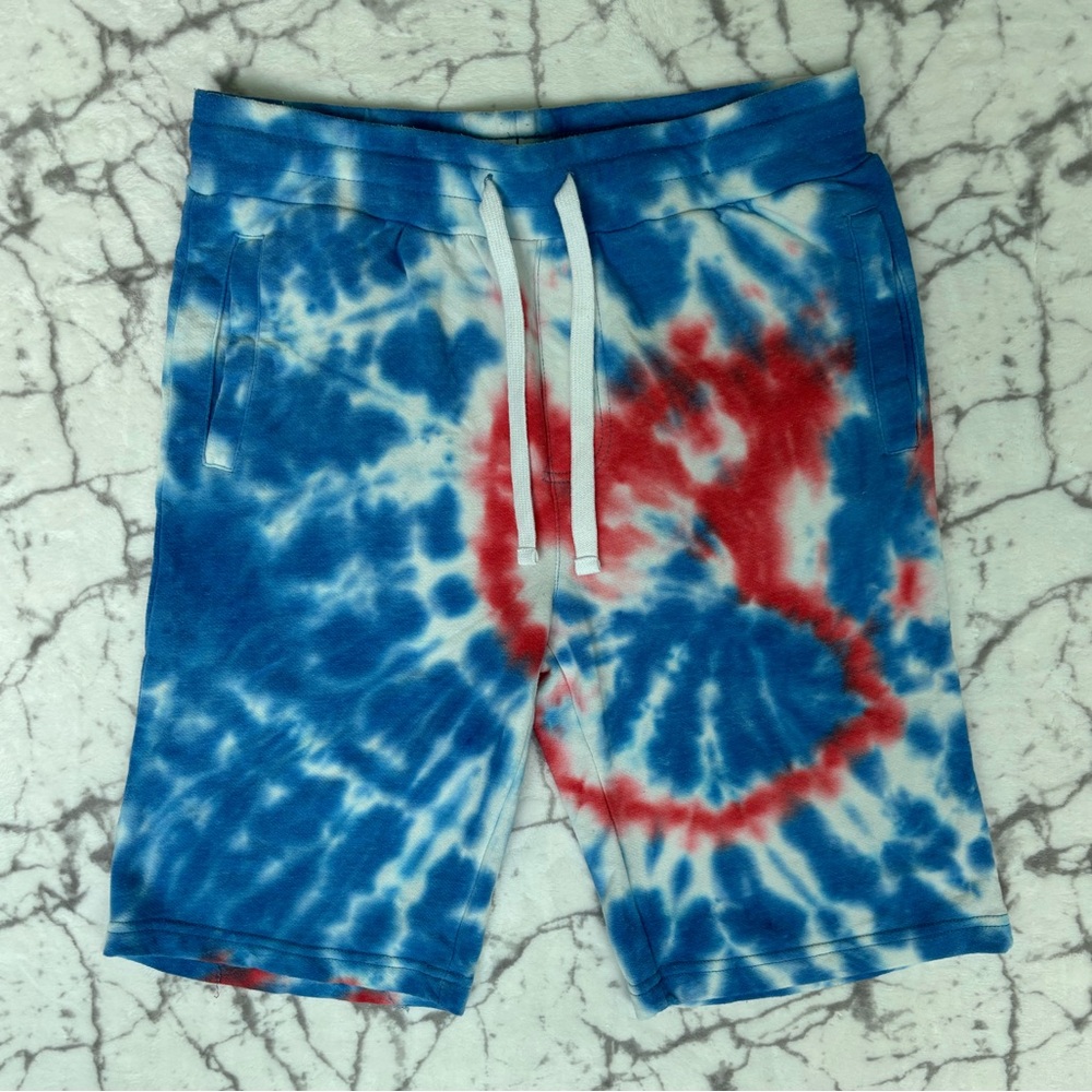 HOLLYWOOD Red White & Blue Tie-Dye Sweat Shorts Men’s M Drawstring Long Length